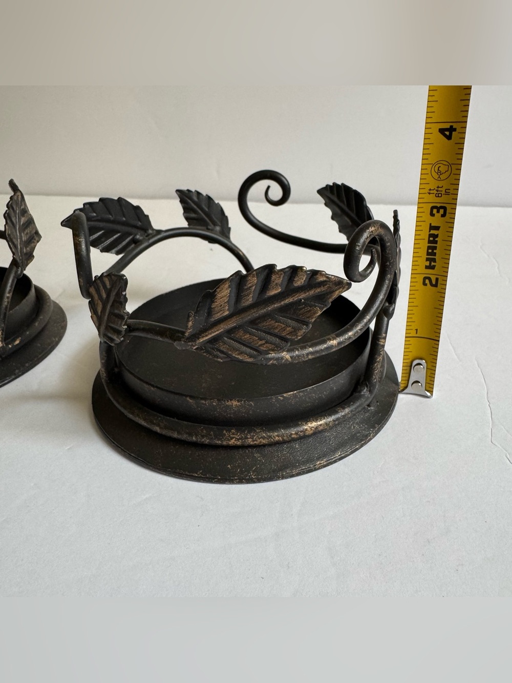 Longaberger Wrought Iron Bronze Leaf Pillar Candle Holders Pair Rustic Scroll - Picture 9 of 10